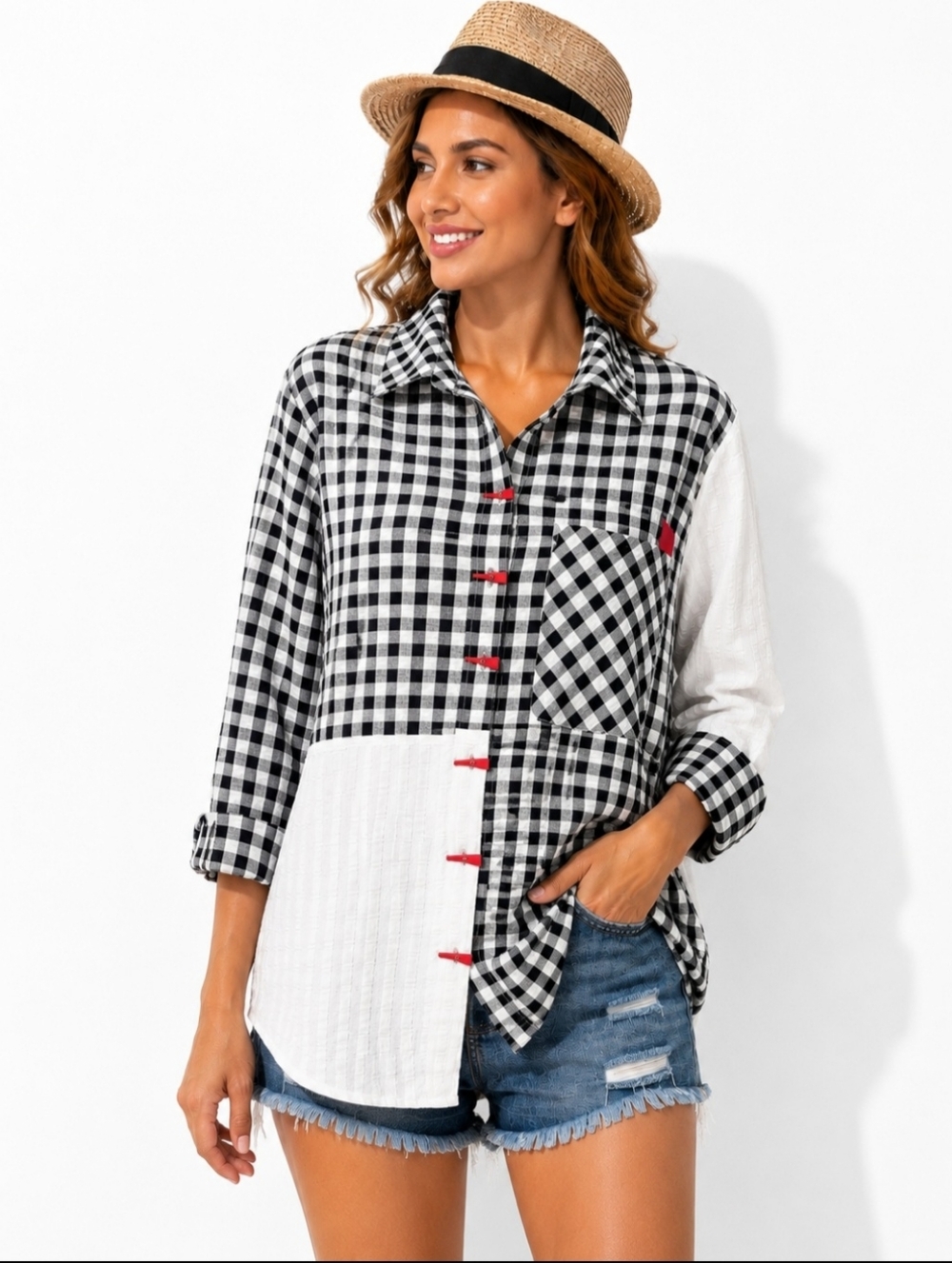 Ali Miles Large Black White Gingham Patchwork Tunic Shirt Artsy Button Top Fun